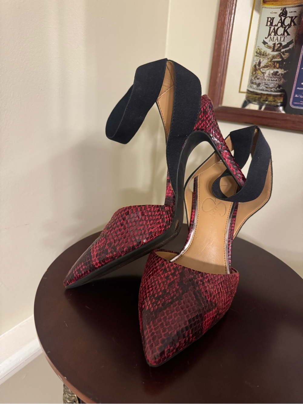 Jessica Simpson Red Snakeskin Pointed-Toe Pumps with Black Ankle Strap- size 6